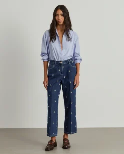 MULHER LION OF PORCHES Calças^Calças denim wide leg com bordados