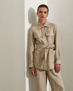 MULHER LION OF PORCHES Casacos / Sobretudos^Overshirt para mulher de linho com cinto e bolsos