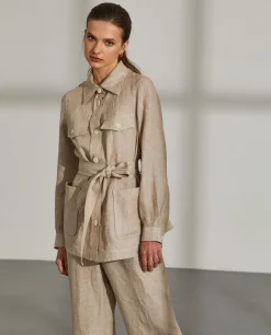 MULHER LION OF PORCHES Casacos / Sobretudos^Overshirt para mulher de linho com cinto e bolsos