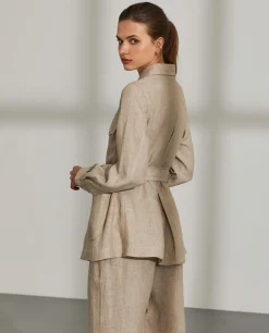 MULHER LION OF PORCHES Casacos / Sobretudos^Overshirt para mulher de linho com cinto e bolsos
