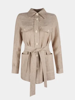 MULHER LION OF PORCHES Casacos / Sobretudos^Overshirt para mulher de linho com cinto e bolsos